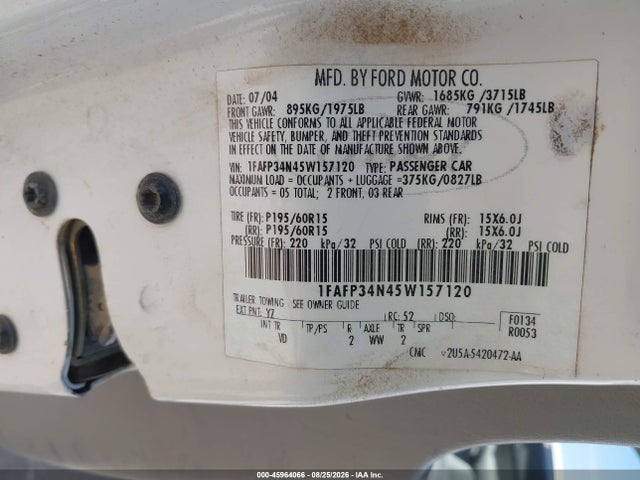 45964066 :رقم المزاد ، 1FAFP34N45W157120 vin ، 2005 Ford Focus Zx4 مزاد بيع