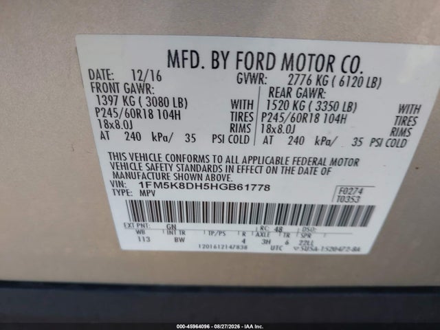Auction sale of the 2017 Ford Explorer Xlt, vin: 1FM5K8DH5HGB61778, lot number: 45964096