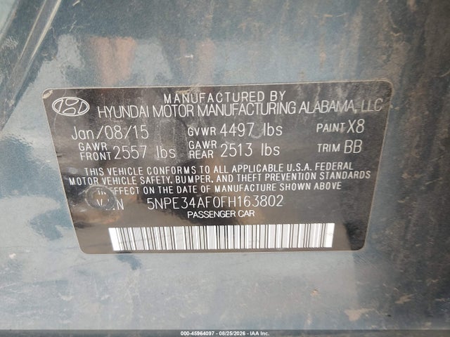 2015 Hyundai Sonata Limited მანქანა იყიდება აუქციონზე, vin: 5NPE34AF0FH163802, აუქციონის ნომერი: 45964097