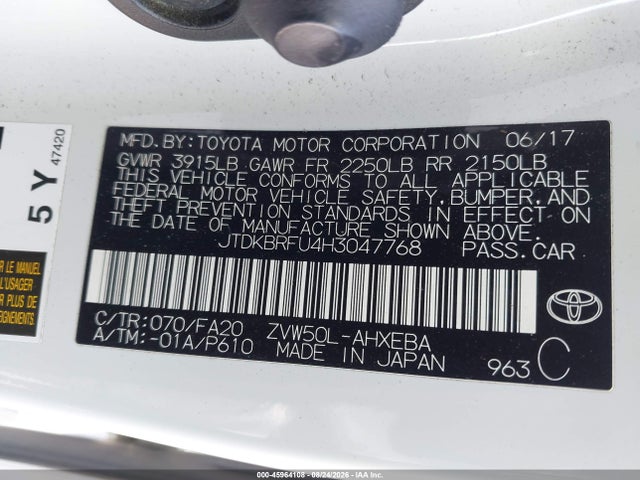 2017 Toyota Prius Two მანქანა იყიდება აუქციონზე, vin: JTDKBRFU4H3047768, აუქციონის ნომერი: 45964108