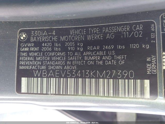 Продажа на аукционе авто 2003 Bmw 330i, vin: WBAEV53413KM27390, номер лота: 45964122