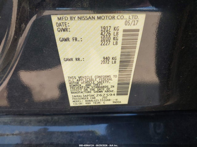 45964124 :رقم المزاد ، 1N4AL3AP5HC267594 vin ، 2017 Nissan Altima 2.5 S مزاد بيع