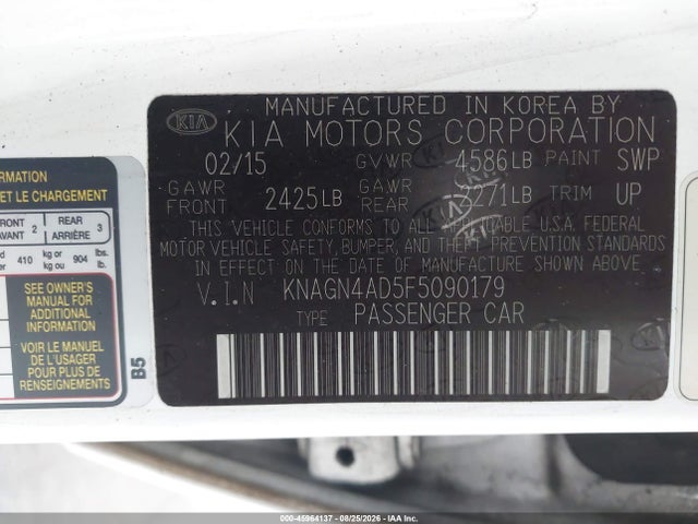 Продаж на аукціоні авто 2015 Kia Optima Hybrid Ex, vin: KNAGN4AD5F5090179, номер лоту: 45964137