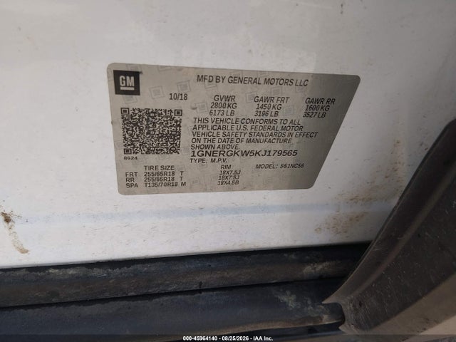 Aukcja sprzedaży 2019 Chevrolet Traverse 1lt, vin: 1GNERGKW5KJ179565, numer aukcji: 45964140