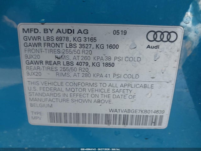 45964143 :رقم المزاد ، WA1VABGE7KB014639 vin ، 2019 Audi E-tron Premium Plus مزاد بيع