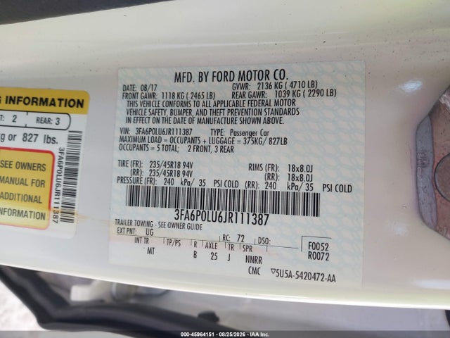 Ford Fusion Hybrid Se 2018 3FA6P0LU6JR111387 Image 9