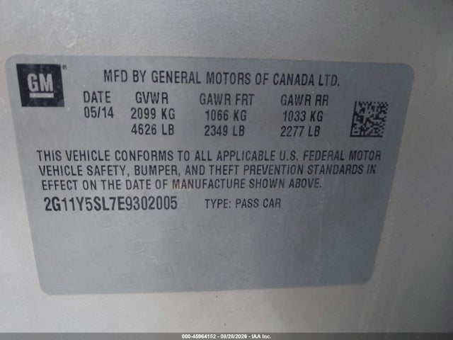 45964152 :رقم المزاد ، 2G11Y5SL7E9302005 vin ، 2014 Chevrolet Impala 1ls مزاد بيع