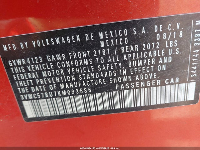 Aukcja sprzedaży 2019 Volkswagen Jetta 1.4t R-line/1.4t S/1.4t Se, vin: 3VWC57BU7KM093586, numer aukcji: 45964153