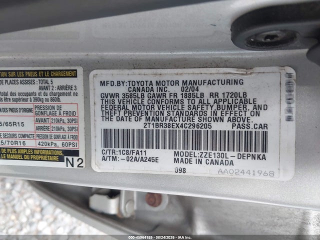 Продажа на аукционе авто 2004 Toyota Corolla Le, vin: 2T1BR38EX4C296205, номер лота: 45964159