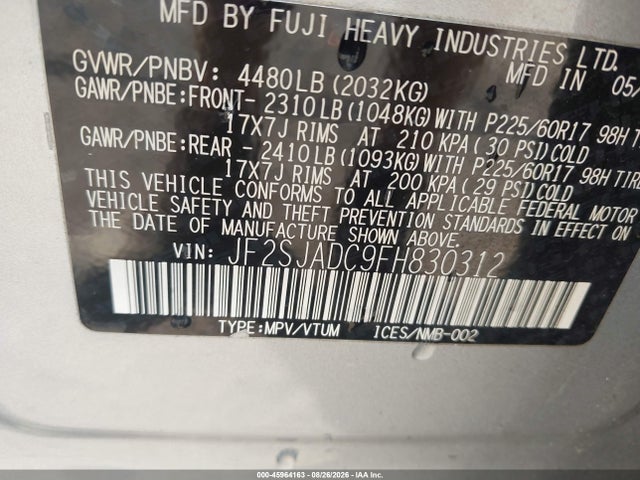45964163 :رقم المزاد ، JF2SJADC9FH830312 vin ، 2015 Subaru Forester 2.5i Premium مزاد بيع