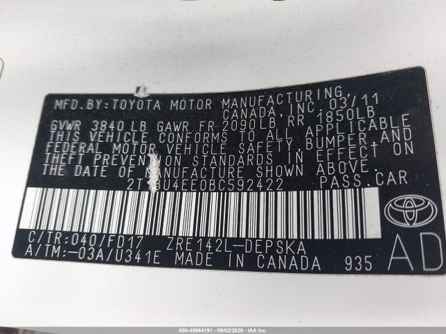 2011 Toyota Corolla S მანქანა იყიდება აუქციონზე, vin: 2T1BU4EE0BC592422, აუქციონის ნომერი: 45964191