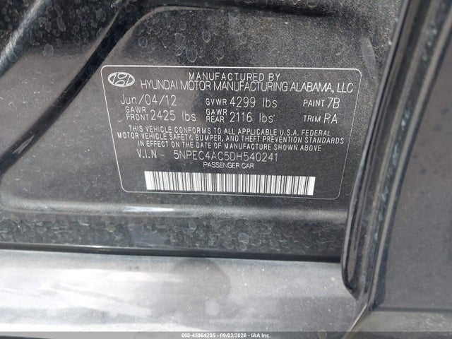 Продажа на аукционе авто 2013 Hyundai Sonata Limited, vin: 5NPEC4AC5DH540241, номер лота: 45964205