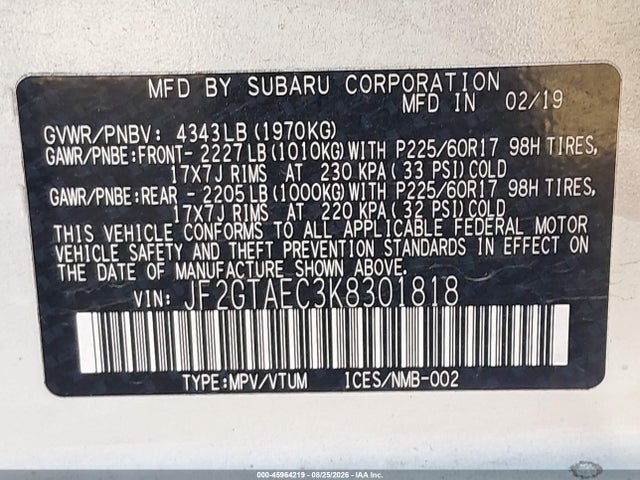 JF2GTAEC3K8301818 Subaru Crosstrek 2.0i Premium