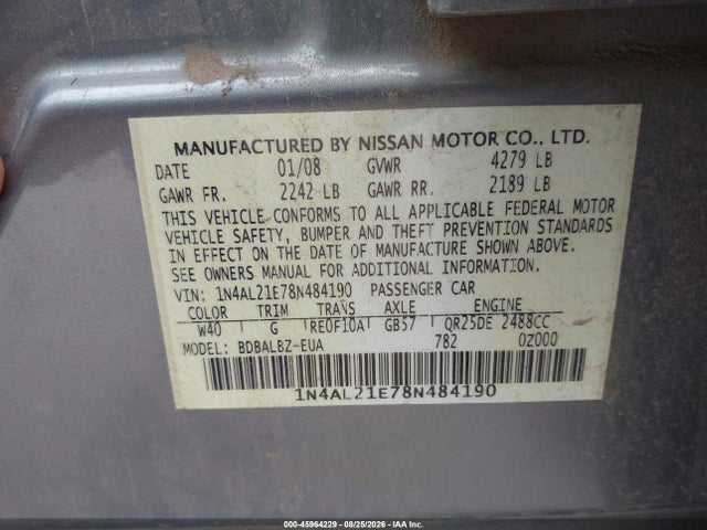 Продажа на аукционе авто 2008 Nissan Altima 2.5 Sl, vin: 1N4AL21E78N484190, номер лота: 45964229