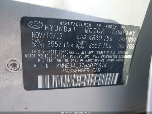 45964231 :رقم المزاد ، KMHE34L37HA075614 vin ، 2017 Hyundai Sonata Hybrid Limited مزاد بيع