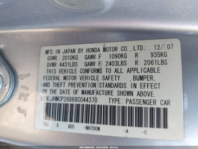 Aukcja sprzedaży 2008 Honda Accord 2.4 Ex-l, vin: JHMCP26868C044370, numer aukcji: 45964245