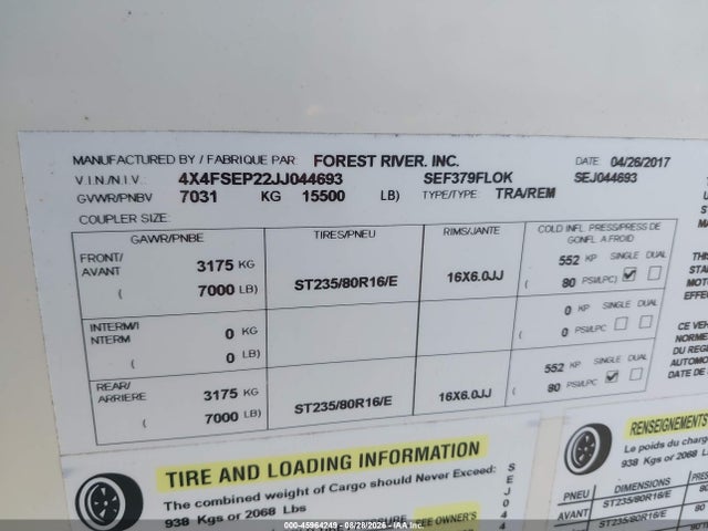 Продажа на аукционе авто 2018 Forest River Sierra 379flok, vin: 4X4FSEP22JJ044693, номер лота: 45964249