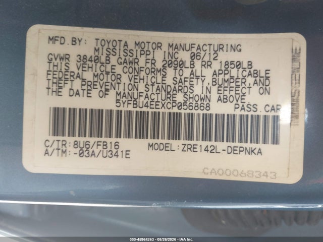 Продажа на аукционе авто 2012 Toyota Corolla Le, vin: 5YFBU4EEXCP056868, номер лота: 45964263