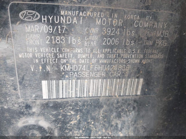 2017 Hyundai Elantra Se მანქანა იყიდება აუქციონზე, vin: KMHD74LF6HU424836, აუქციონის ნომერი: 45964264