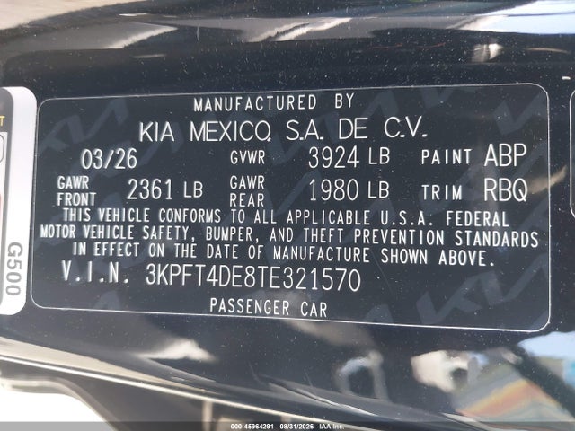 Продажа на аукционе авто 2026 Kia K4 Lxs, vin: 3KPFT4DE8TE321570, номер лота: 45964291
