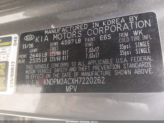 45964295 :رقم المزاد ، KNDPM3ACXH7220262 vin ، 2017 Kia Sportage Lx مزاد بيع