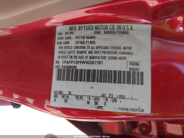45964298 :رقم المزاد ، 1FAFP13P9WW281781 vin ، 1998 Ford Escort Se مزاد بيع