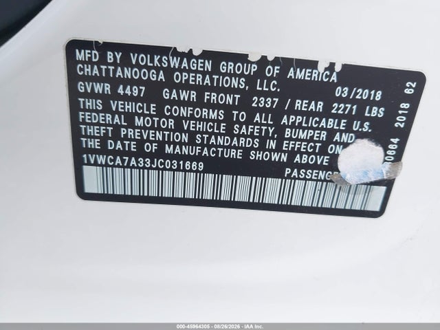 2018 Volkswagen Passat 2.0t Sel Premium მანქანა იყიდება აუქციონზე, vin: 1VWCA7A33JC031669, აუქციონის ნომერი: 45964305