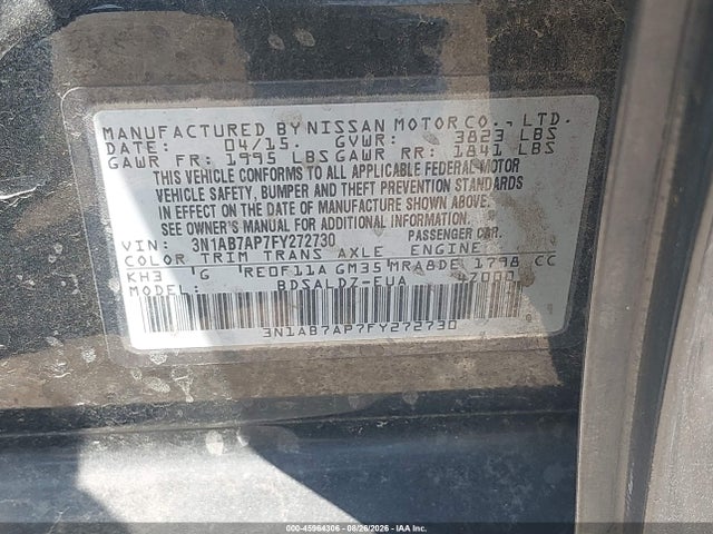 Продаж на аукціоні авто 2015 Nissan Sentra Fe+ S/s/sl/sr/sv, vin: 3N1AB7AP7FY272730, номер лоту: 45964306