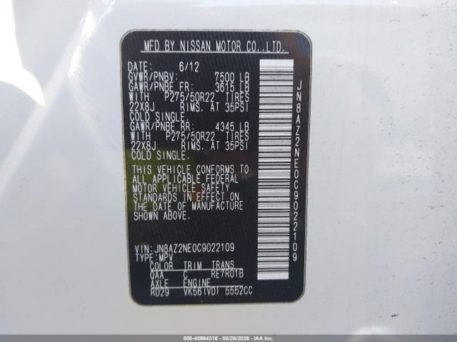 2012 Infiniti Qx56 მანქანა იყიდება აუქციონზე, vin: JN8AZ2NE0C9022109, აუქციონის ნომერი: 45964316