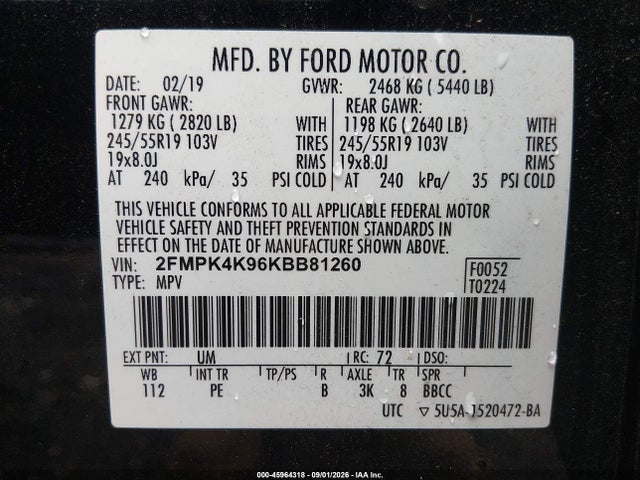 45964318 :رقم المزاد ، 2FMPK4K96KBB81260 vin ، 2019 Ford Edge Titanium مزاد بيع
