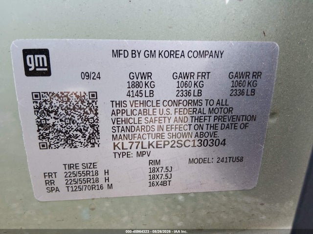 Aukcja sprzedaży 2025 Chevrolet Trax Fwd Activ, vin: KL77LKEP2SC130304, numer aukcji: 45964323