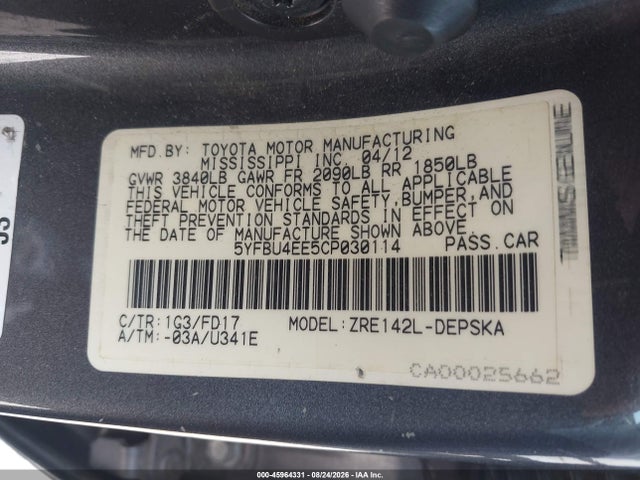 Продаж на аукціоні авто 2012 Toyota Corolla S, vin: 5YFBU4EE5CP030114, номер лоту: 45964331
