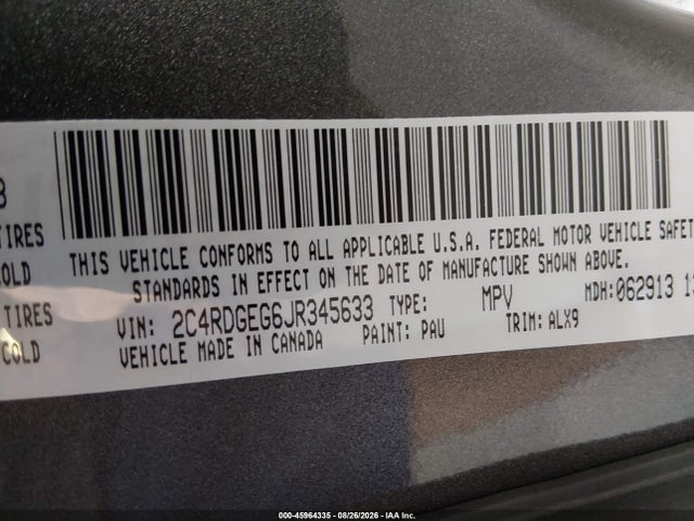 Aukcja sprzedaży 2018 Dodge Grand Caravan Gt, vin: 2C4RDGEG6JR345633, numer aukcji: 45964335