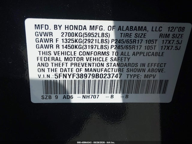 Продаж на аукціоні авто 2009 Honda Pilot Touring, vin: 5FNYF38979B023747, номер лоту: 45964343