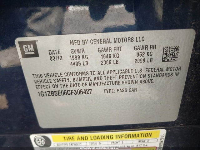 45964349 :رقم المزاد ، 1G1ZB5E06CF306427 vin ، 2012 Chevrolet Malibu Ls مزاد بيع