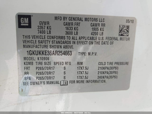 2010 Gmc Yukon Xl 1500 Slt მანქანა იყიდება აუქციონზე, vin: 1GKUKKE36AR254663, აუქციონის ნომერი: 45964352