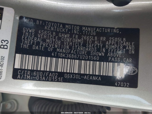 Aukcja sprzedaży 2007 Toyota Avalon Xl, vin: 4T1BK36B67U201560, numer aukcji: 45964358