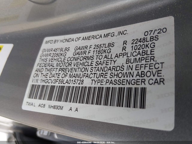 Aukcja sprzedaży 2020 Honda Accord Hybrid Ex-l, vin: 1HGCV3F59LA015728, numer aukcji: 45964368