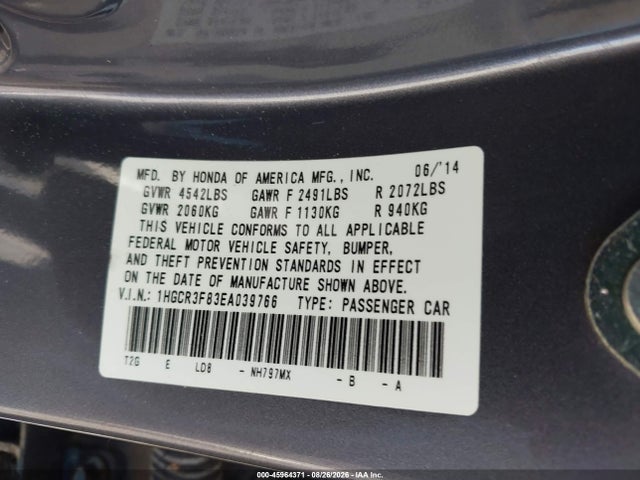Продажа на аукционе авто 2014 Honda Accord Ex-l V-6, vin: 1HGCR3F83EA039766, номер лота: 45964371