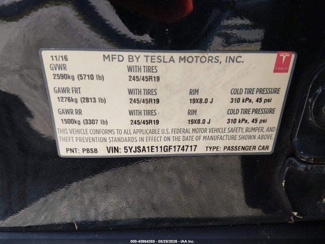 Aukcja sprzedaży 2016 Tesla Model S 60/70/75/85, vin: 5YJSA1E11GF174717, numer aukcji: 45964385