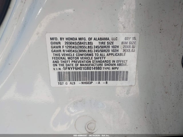 2016 Honda Pilot Elite მანქანა იყიდება აუქციონზე, vin: 5FNYF6H01GB014980, აუქციონის ნომერი: 45964387