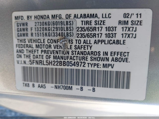 Aukcja sprzedaży 2011 Honda Odyssey Lx, vin: 5FNRL5H22BB054972, numer aukcji: 45964389