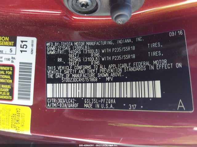 Продаж на аукціоні авто 2017 Toyota Sienna Xle 7 Passenger, vin: 5TDDZ3DCXHS151868, номер лоту: 45964391