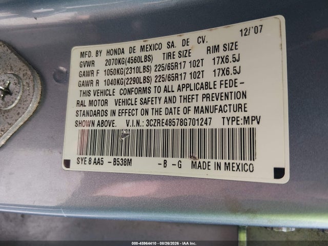 2008 Honda Cr-v Ex მანქანა იყიდება აუქციონზე, vin: 3CZRE48578G701247, აუქციონის ნომერი: 45964410