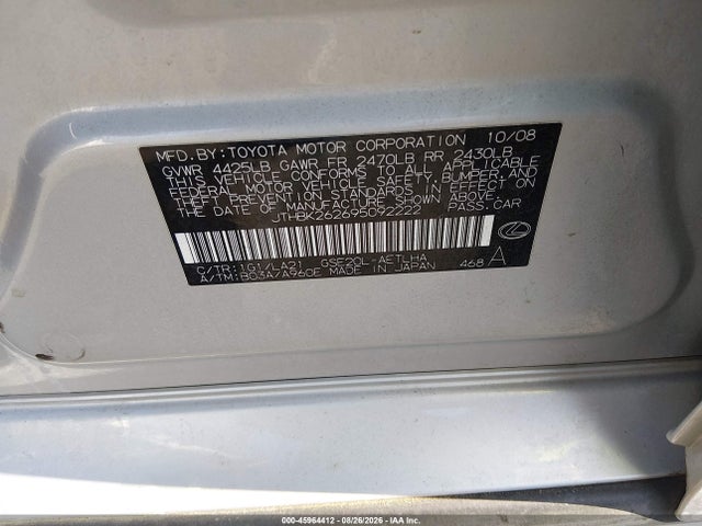 Aukcja sprzedaży 2009 Lexus Is 250, vin: JTHBK262695092222, numer aukcji: 45964412