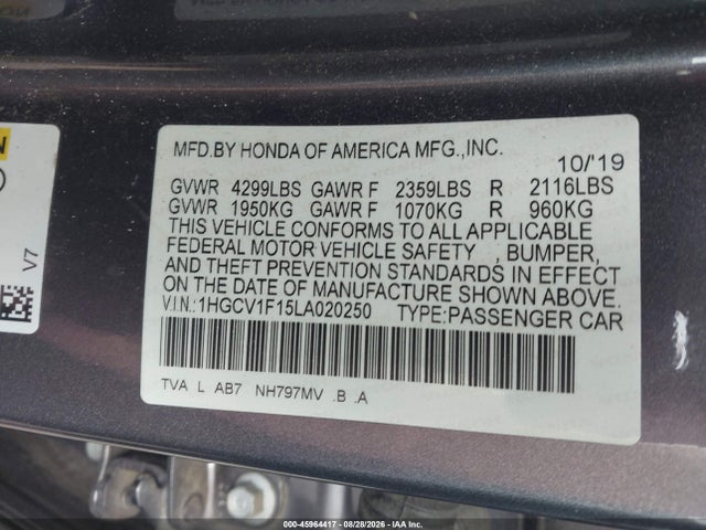 Aukcja sprzedaży 2020 Honda Accord Lx, vin: 1HGCV1F15LA020250, numer aukcji: 45964417
