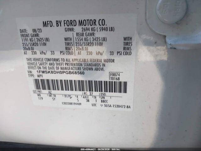 2023 Ford Explorer Xlt მანქანა იყიდება აუქციონზე, vin: 1FMSK8DH0PGB68560, აუქციონის ნომერი: 45964421