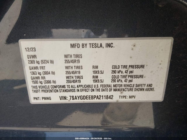 45964424 :رقم المزاد ، 7SAYGDEE8PA211842 vin ، 2023 Tesla Model Y Awd/long Range Dual Motor All-wheel Drive مزاد بيع