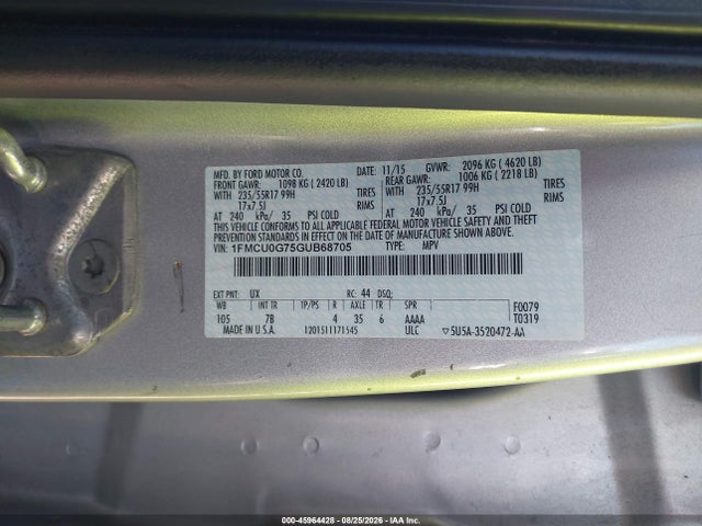 Продаж на аукціоні авто 2016 Ford Escape Se, vin: 1FMCU0G75GUB68705, номер лоту: 45964428