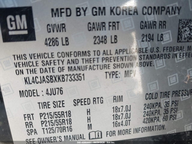 2019 Buick Encore Fwd Preferred მანქანა იყიდება აუქციონზე, vin: KL4CJASBXKB733351, აუქციონის ნომერი: 45964451